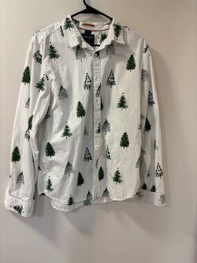 Denim & Flower White Button-Down Shirt with Green Tree Print